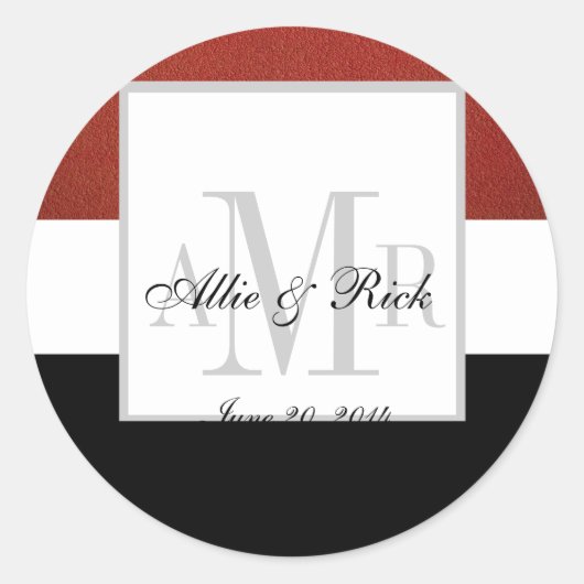 Sticker Rond Sceau Mariage rouge Noir Trois Monogrammes (Devant)
