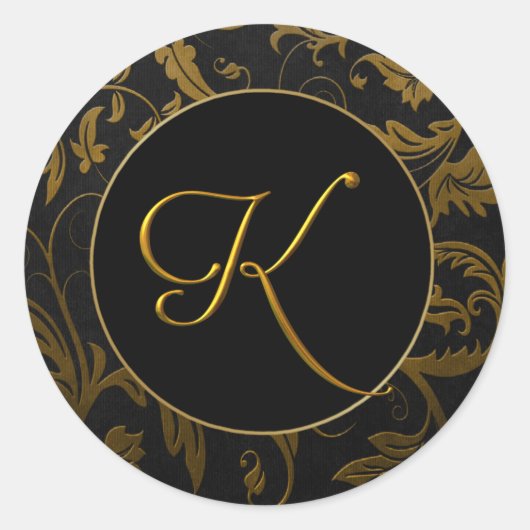 Sticker Rond Sceau Monogram K Gold et Black Mariage damassé (Devant)