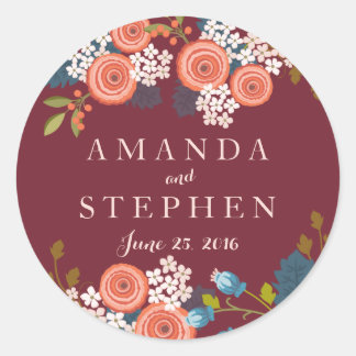 Sticker Rond Sceau personnalisé Wild Garden Marsala Mariage