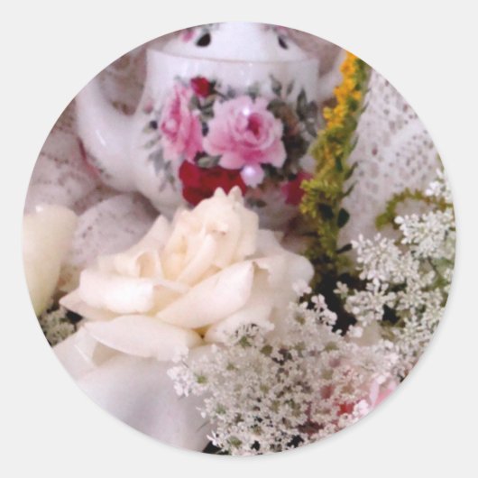 Sticker Rond Sceau rose et théière (Devant)