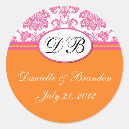 Sticker Rond Sceau rose orange Mariage Monogram Damask (Devant)