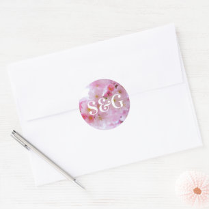 Sticker Rond Sceaux de cerisier rose avec initiales