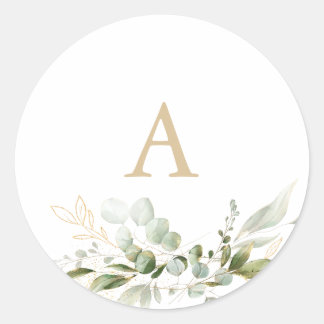 Sticker Rond Sceaux de mariage à monogramme avec eucalyptus sau