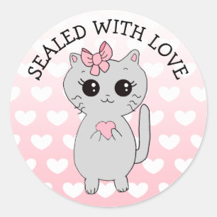 Sticker Rond Scellé avec amour Cartoon Chat avec noeud papillon