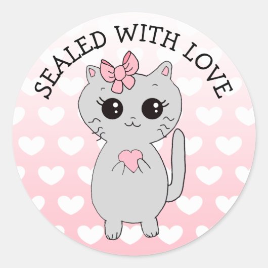 Sticker Rond Scellé avec Love Cartoon Chat avec Coeur Bow (Devant)