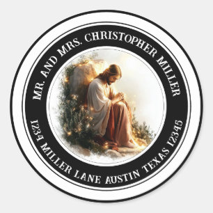 Sticker Rond Scellé d'enveloppe Jésus priant Adresse de Retour