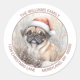 Sticker Rond Scène aquarelle hivernale enneigée avec un chien S
