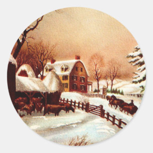 Sticker Rond Scène de campagne hivernale vintage des années 193