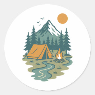Sticker Rond Scène de camping vintage en montagne Aventure en p