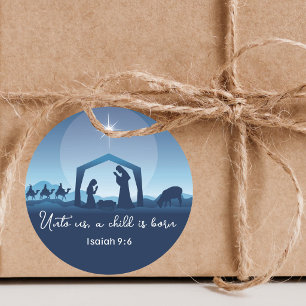 Sticker Rond Scène de la Nativité de Noël avec verset biblique