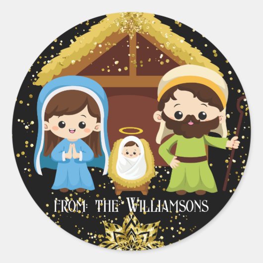 Sticker Rond Scène de la Nativité de Noël mignonne avec paillet (Devant)