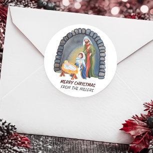 Sticker Rond Scène de la Nativité personnalisée de Noël