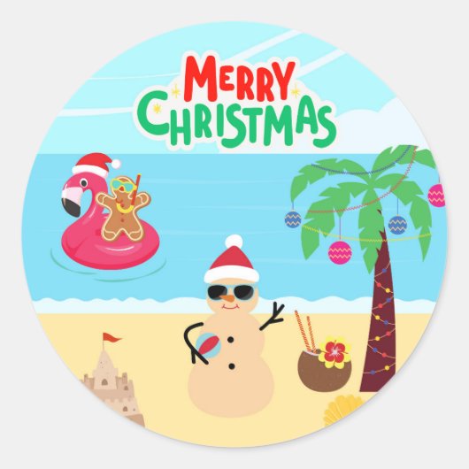 Sticker Rond Scène de Noël à la plage (Devant)
