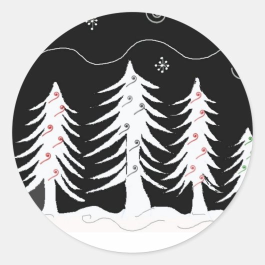 Sticker Rond Scène de Noël blanche et noire (Devant)