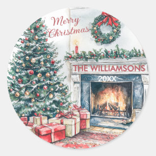 Sticker Rond Scène de Noël festive Arbre Cadeaux