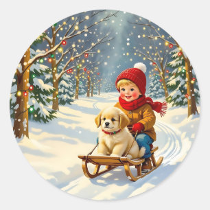 Sticker Rond Scène de Noël vintage, garçon sur un traîneau avec