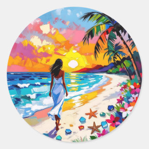 Sticker Rond Scène de plage abstraite au coucher du soleil vibr