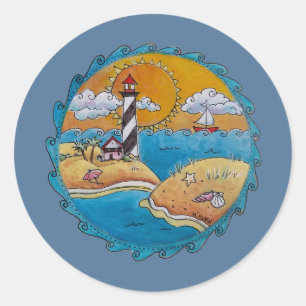 Sticker Rond Scène de plage de phare fantaisiste, art folkloriq