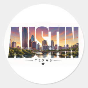 Sticker Rond Scène de voyage sur le front de rivière d'Austin T