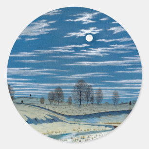 Sticker Rond Scène d'hiver plus lointaine en peinture lune