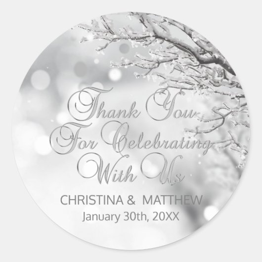 Sticker Rond Scène d'hiver Snowflakes Merci Mariage (Devant)