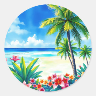 Sticker Rond Scène tropicale vibrante avec palmiers