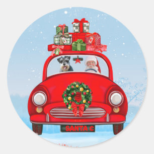 Sticker Rond schnauzer Chien Dans Voiture Avec Père Noël 