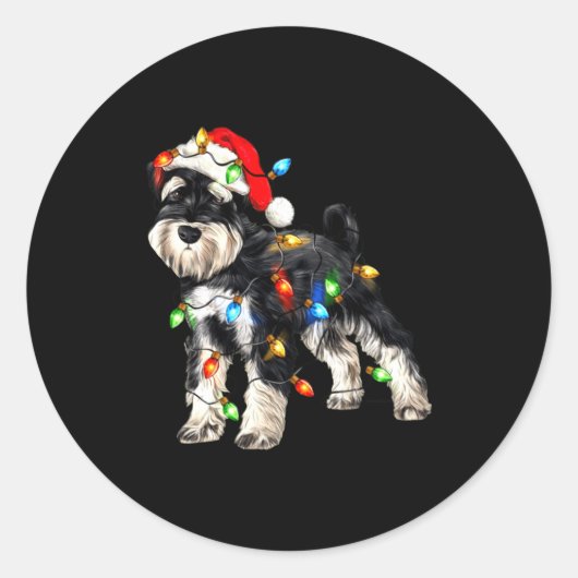 Sticker Rond Schnauzer Christmas Dog Christmas Lights Santa Hat (Devant)