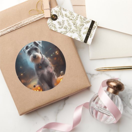 Sticker Rond Schnauzer d'Halloween avec la peur Citrouille (Cadeaux)