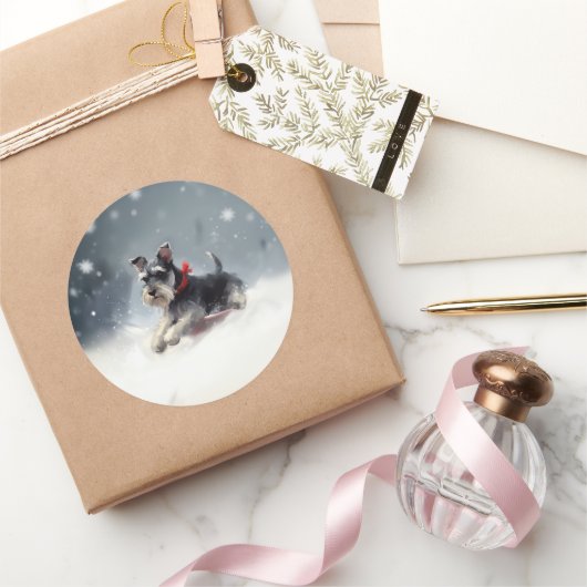 Sticker Rond Schnauzer miniature neige de Noël hiver (Cadeaux)