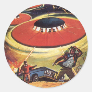 Sticker Rond Science-fiction vintage, Invasion d'aliens UFO de 