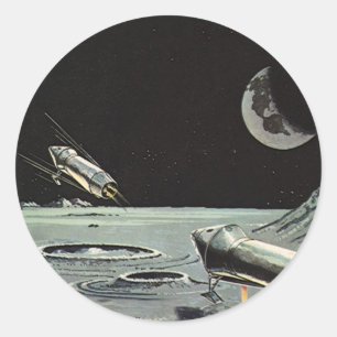 Sticker Rond Science-fiction vintage, Rocket Ships Moon Planets