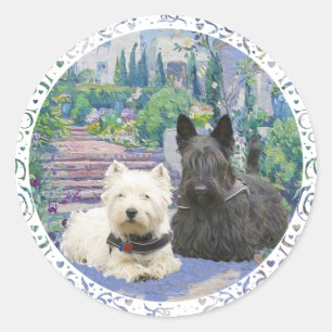 Sticker Rond Scottie & Westie dans un jardin cosy
