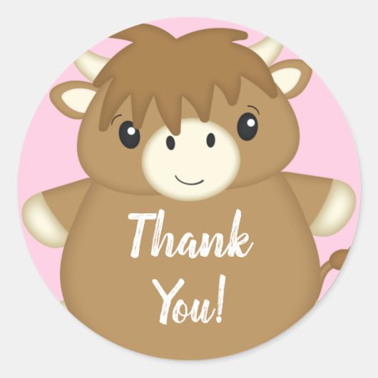 Sticker Rond Scottish Highland Baby shower de vache rose (Devant)