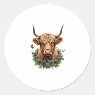 Sticker Rond Scottish Highland Cow Cattle Hairy Cow Christmas W