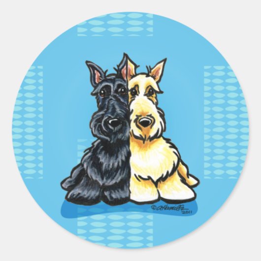 Sticker Rond Scottish Terriers Deux d'un genre (Devant)