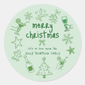 Sticker Rond Scribble Doodles Glitter Green Merry Christmas (Devant)