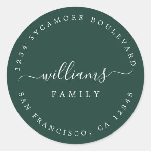 Sticker Rond Script chic Nom de famille Dark Green Adresse de r