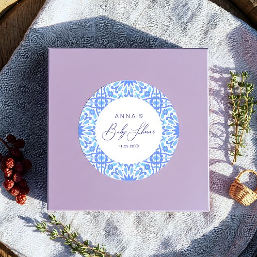 Sticker Rond Script de Baby Shower avec Carreaux Bleus Italiens