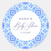 Sticker Rond Script de Baby Shower avec Carreaux Bleus Italiens (Devant)