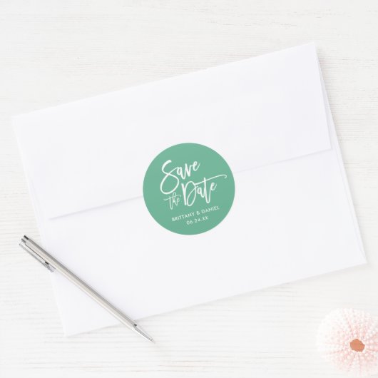 Sticker Rond Script De Brosse Enregistrer La Date Neo Mint Enve (Enveloppe)