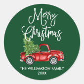 Sticker Rond Script de calligraphie Noël Rouge Camion vert (Devant)