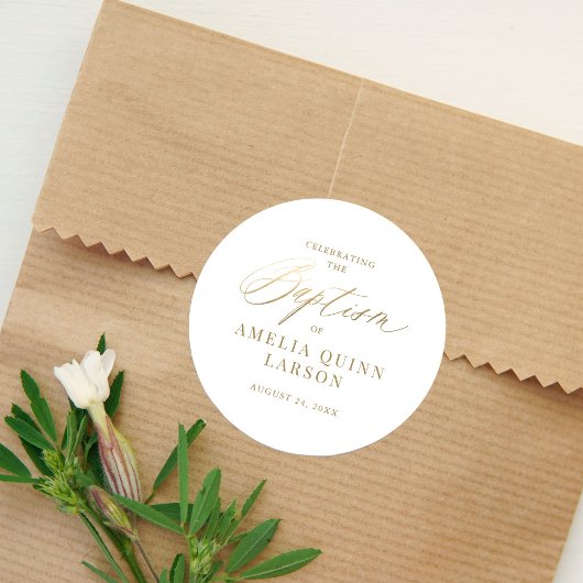 Sticker Rond Script de calligraphie or simple et élégant Baptêm