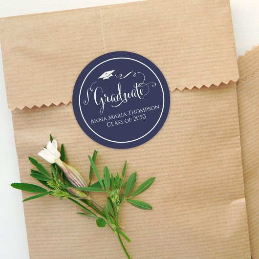 Sticker Rond Script de calligraphie simple Marine Bleue