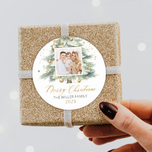 Sticker Rond Script d'or moderne Aquarelle de Noël Arbre de Noë