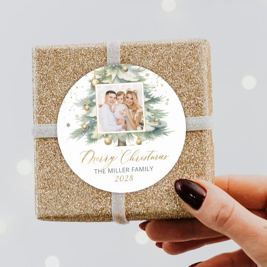 Sticker Rond Script d'or moderne Aquarelle de Noël Arbre de Noë