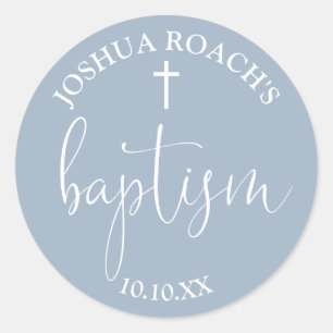 Sticker Rond Script élégant moderne Dusty Baptême bleu