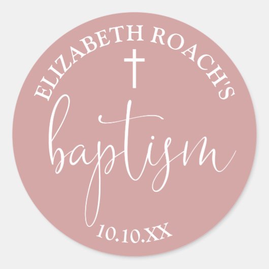 Sticker Rond Script élégant moderne Dusty Rose rose Baptême (Devant)
