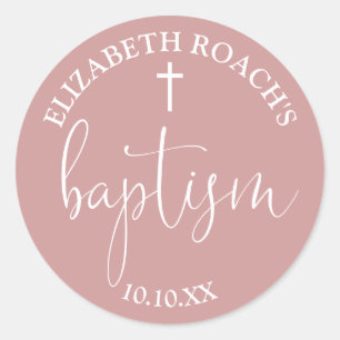 Sticker Rond Script élégant moderne Dusty Rose rose Baptême