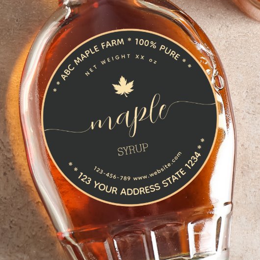 Sticker Rond Script Gold and Black maple syrup labels